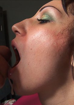 Skinny brunette teen opens wide and has her face fucked hard