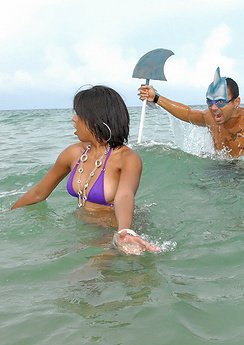 Hot latina gets attacked by a shark then pounded hard by the beach in these shark joke pics