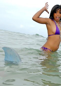 Hot little bikini latina gets picked up by a dude wearing a shark fin in the water in these hot shark attack wet fucking vids and pics