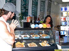 Beautiful latina deven gets her juicy love box pounded hard behind the counter of a muffin shop in these hot reality porn pics and big movie